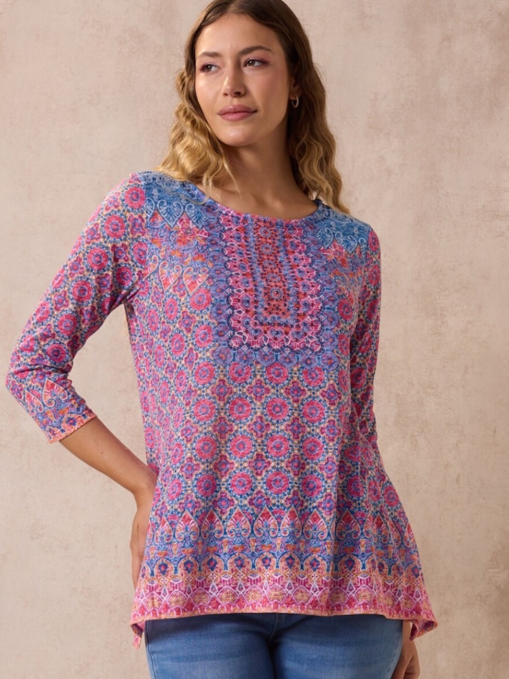 Ruby Rd. Burnout Geometric Knit Top 3/4 sleeves bohemian Size XL